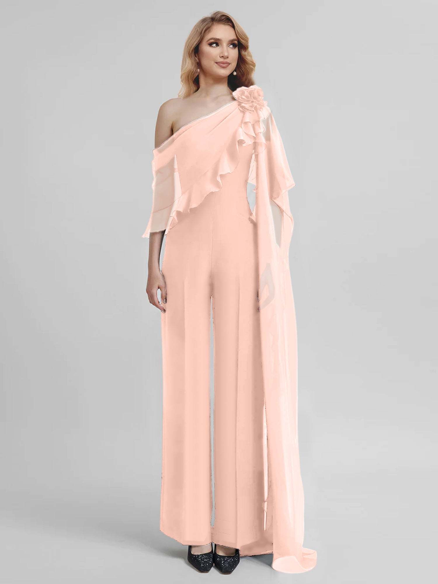 Chiffon One-Shoulder Jumpsuits with Half Sleeves for the Mother of the Bride-BMbridal