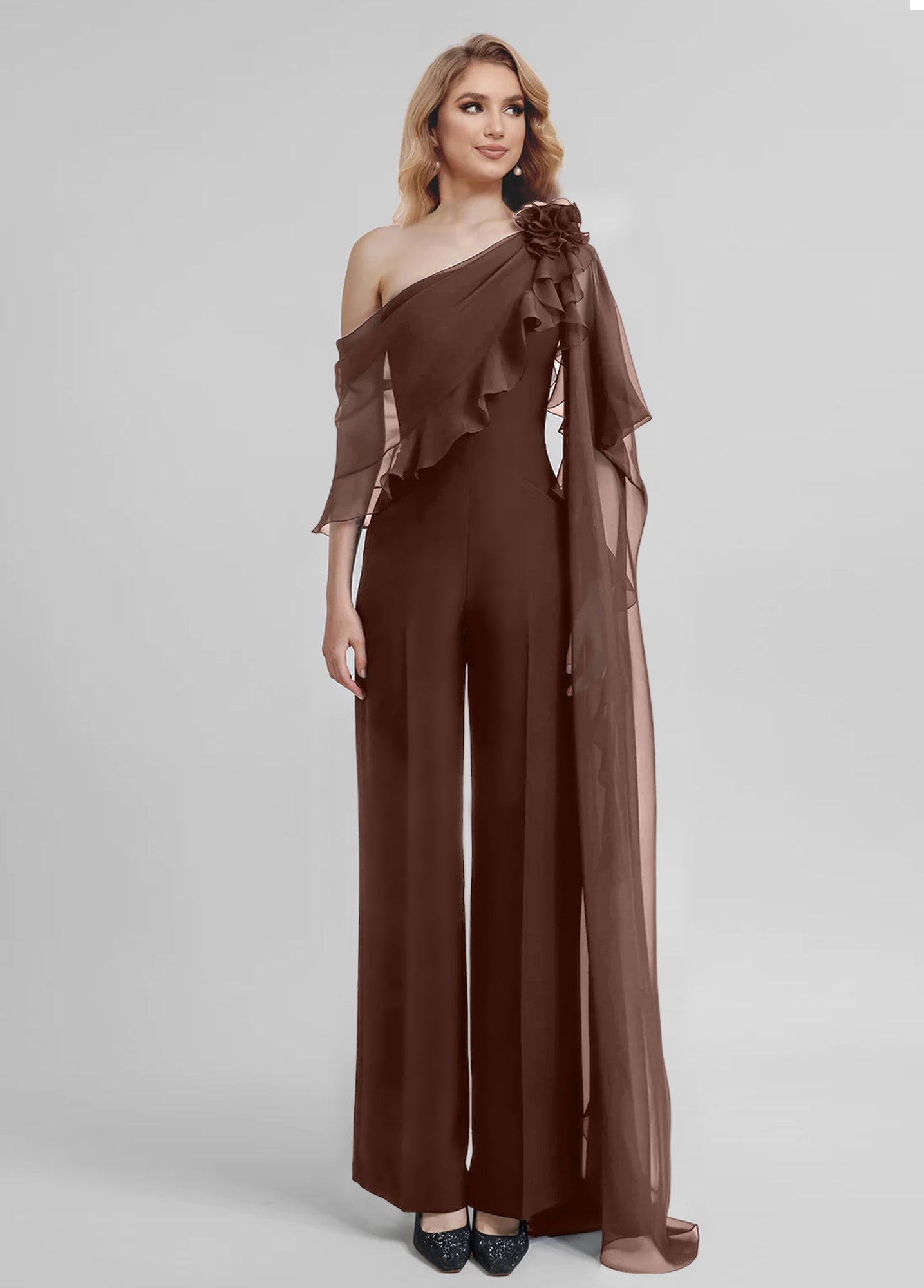 Chiffon One-Shoulder Jumpsuits with Half Sleeves for the Mother of the Bride-BMbridal