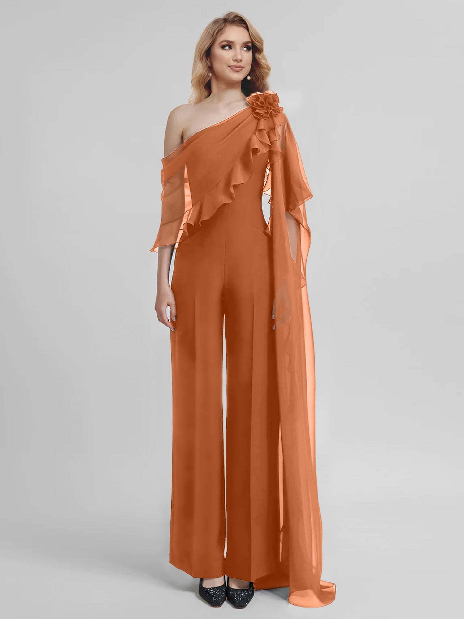 Chiffon One-Shoulder Jumpsuits with Half Sleeves for the Mother of the Bride-BMbridal