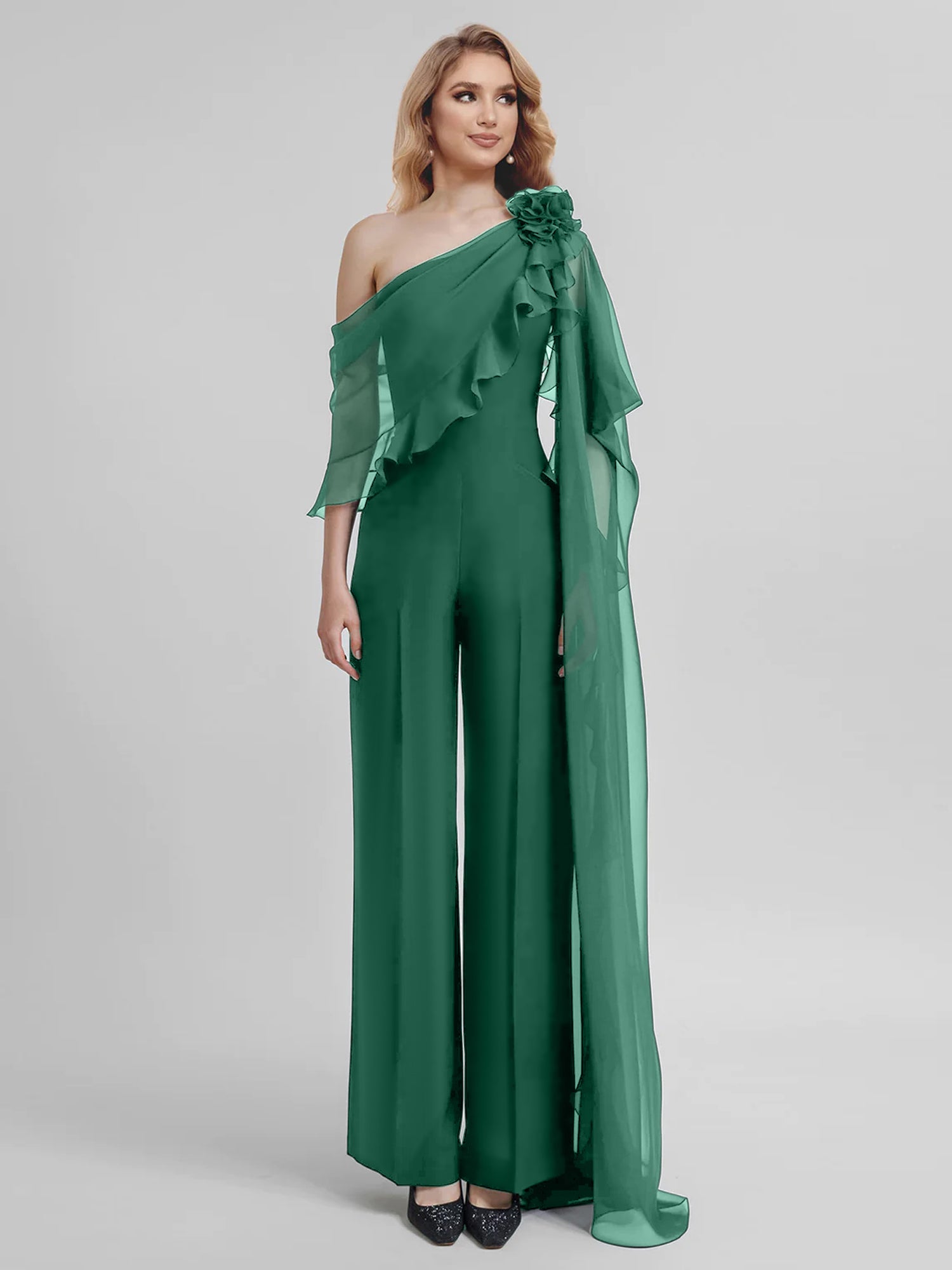 Chiffon One-Shoulder Jumpsuits with Half Sleeves for the Mother of the Bride-BMbridal