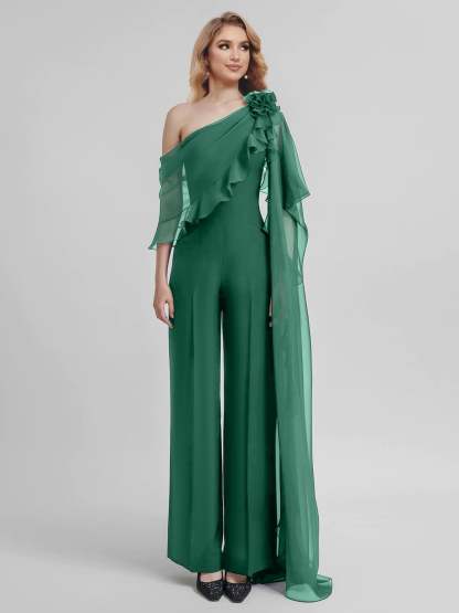 Chiffon One-Shoulder Jumpsuits with Half Sleeves for the Mother of the Bride-BMbridal
