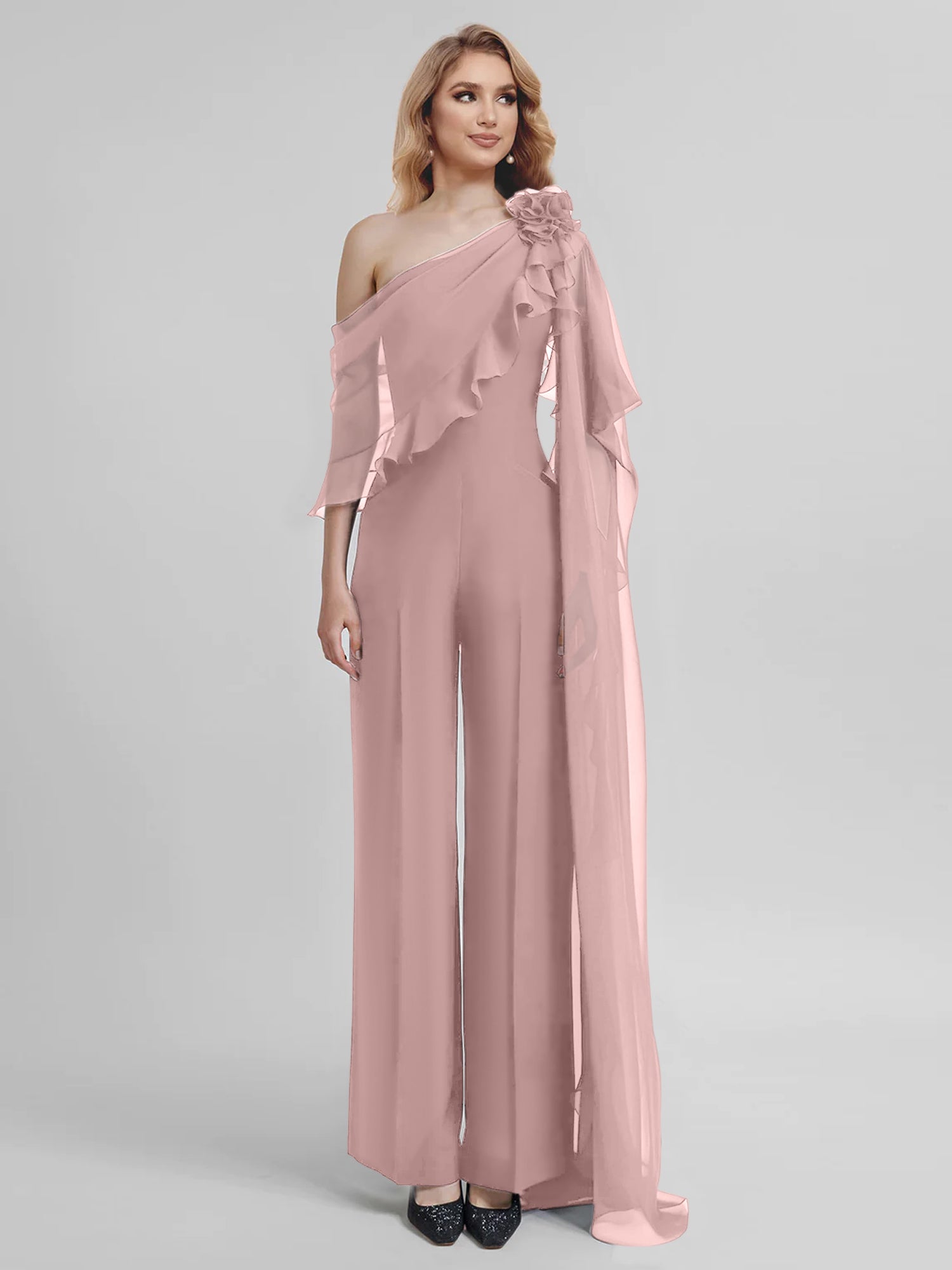 Chiffon One-Shoulder Jumpsuits with Half Sleeves for the Mother of the Bride-BMbridal