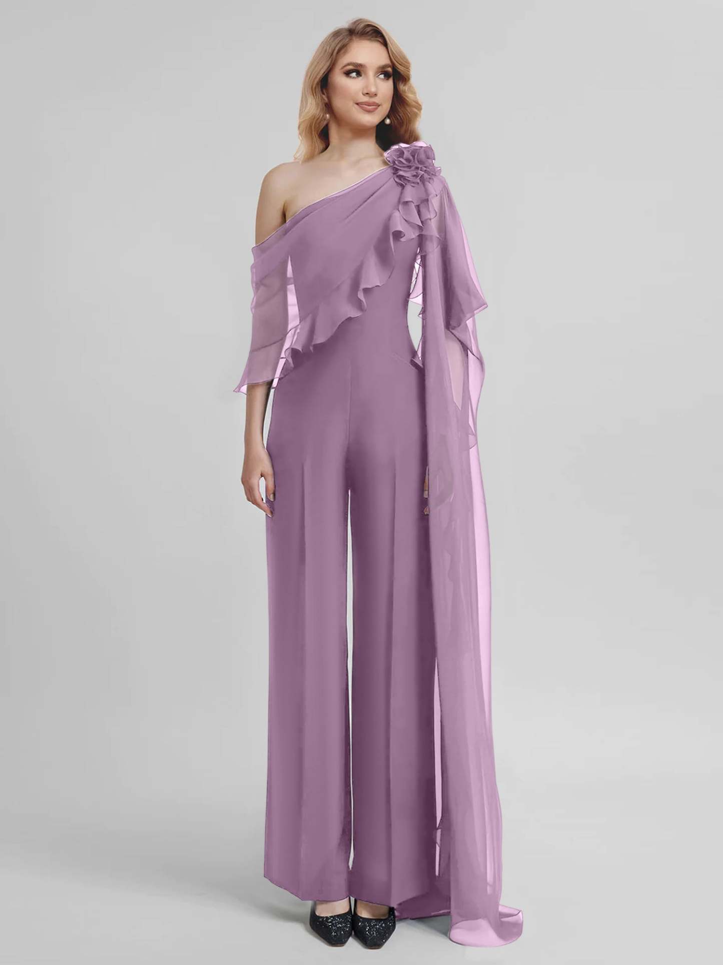 Chiffon One-Shoulder Jumpsuits with Half Sleeves for the Mother of the Bride-BMbridal