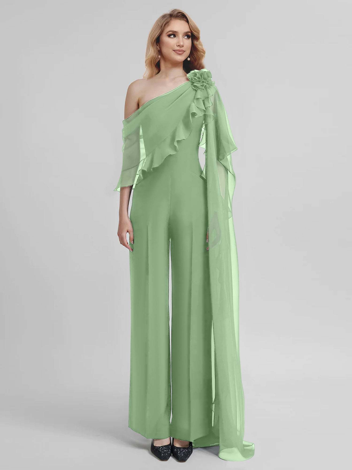Chiffon One-Shoulder Jumpsuits with Half Sleeves for the Mother of the Bride-BMbridal