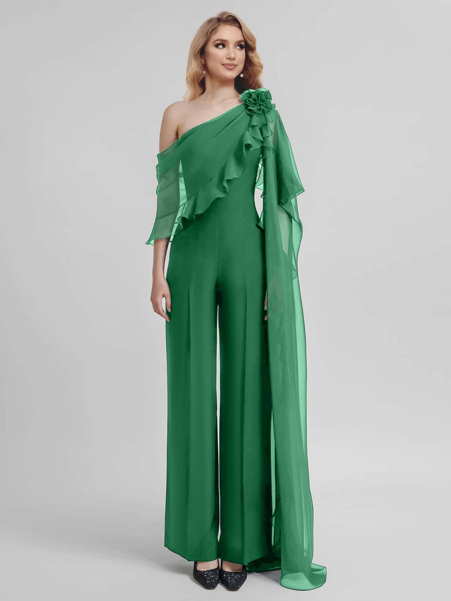 Chiffon One-Shoulder Jumpsuits with Half Sleeves for the Mother of the Bride-BMbridal