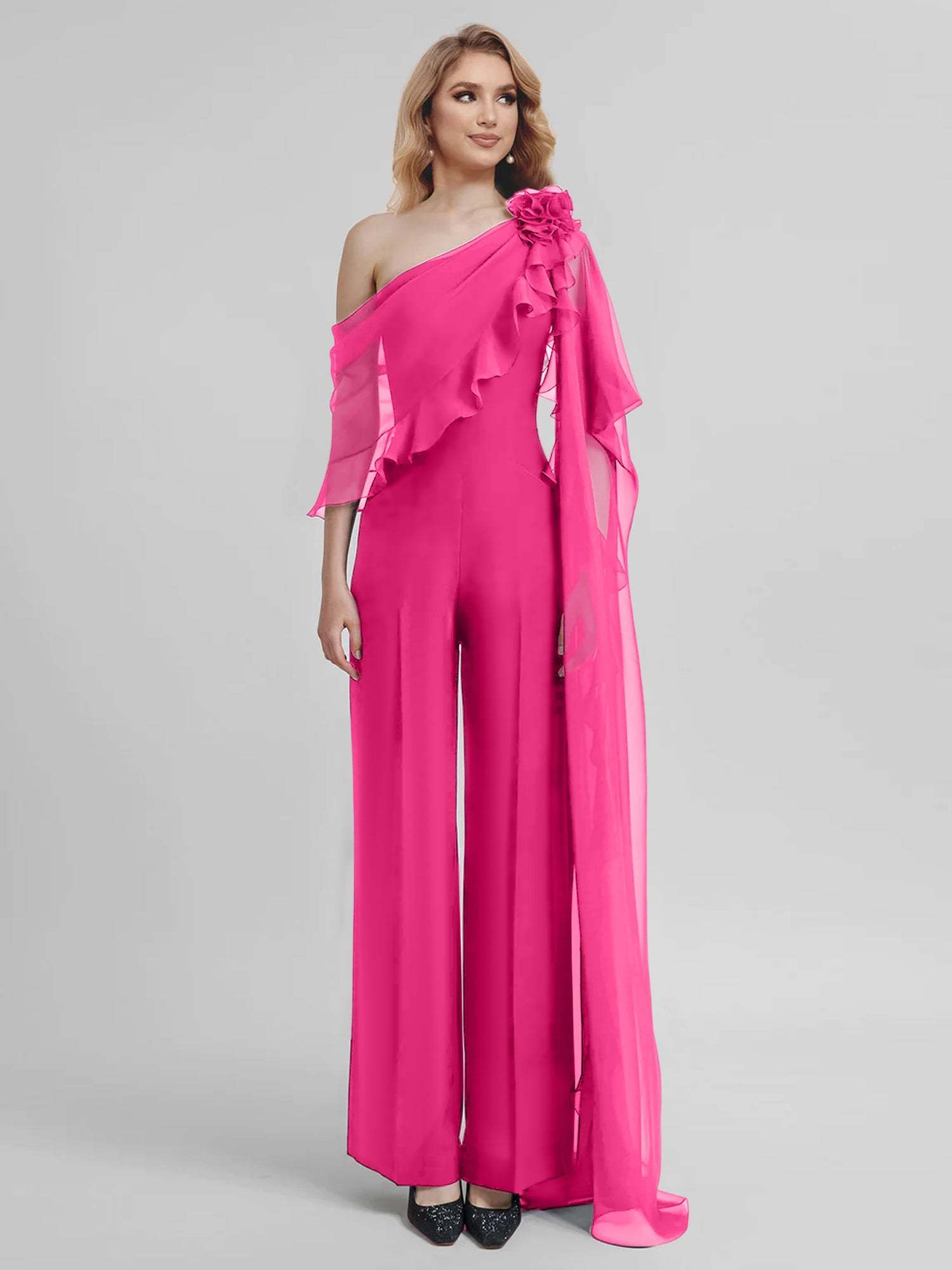 Chiffon One-Shoulder Jumpsuits with Half Sleeves for the Mother of the Bride-BMbridal