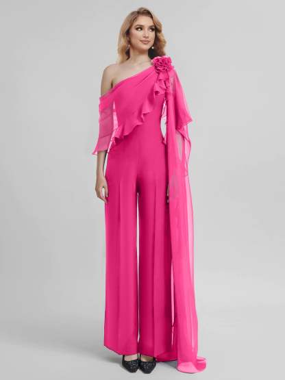 Chiffon One-Shoulder Jumpsuits with Half Sleeves for the Mother of the Bride-BMbridal