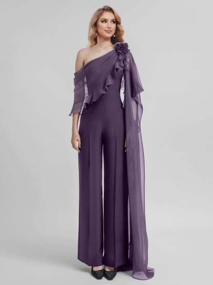 Chiffon One-Shoulder Jumpsuits with Half Sleeves for the Mother of the Bride-BMbridal