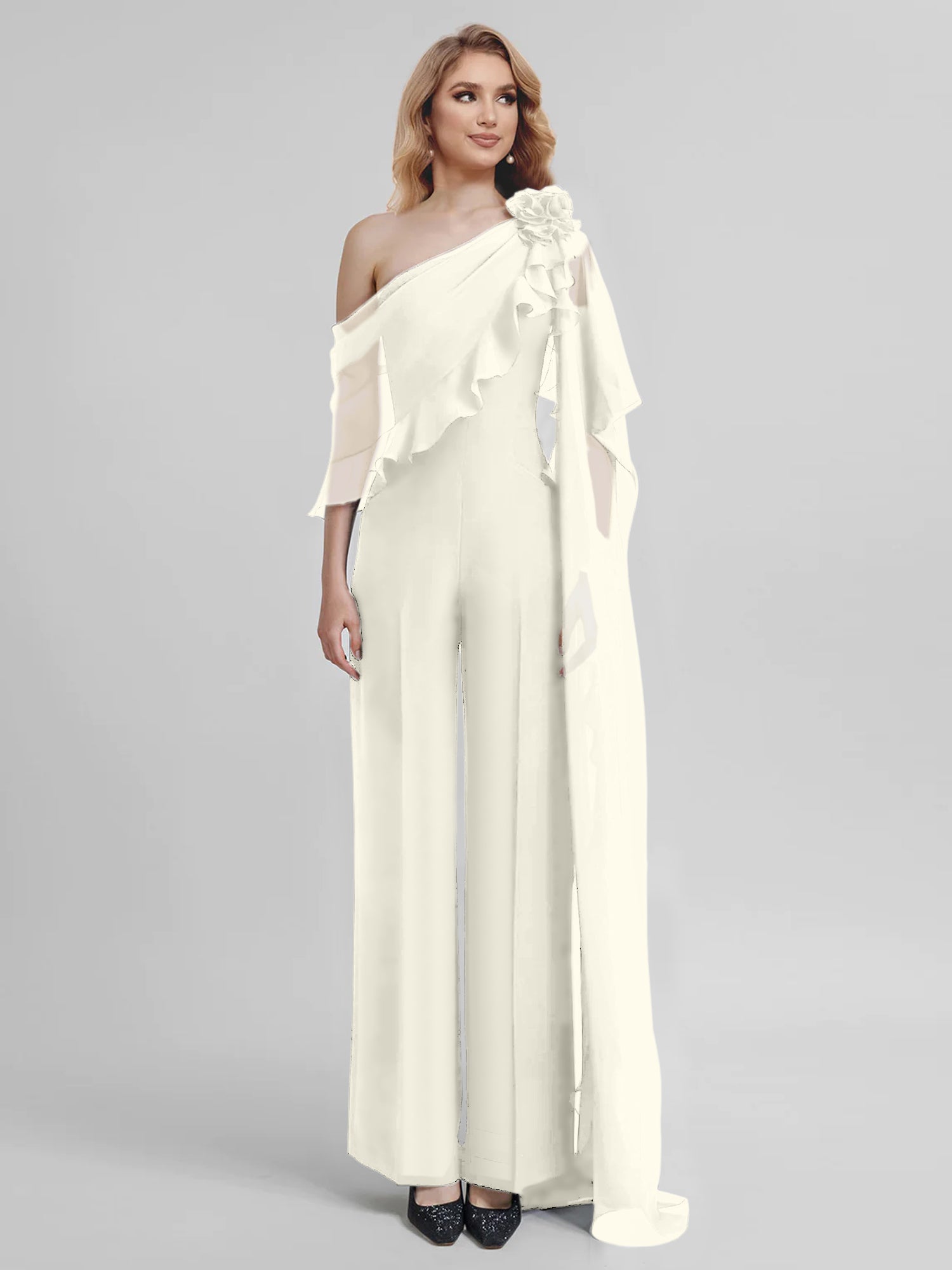 Chiffon One-Shoulder Jumpsuits with Half Sleeves for the Mother of the Bride-BMbridal