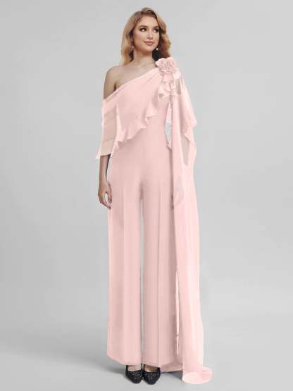 Chiffon One-Shoulder Jumpsuits with Half Sleeves for the Mother of the Bride-BMbridal