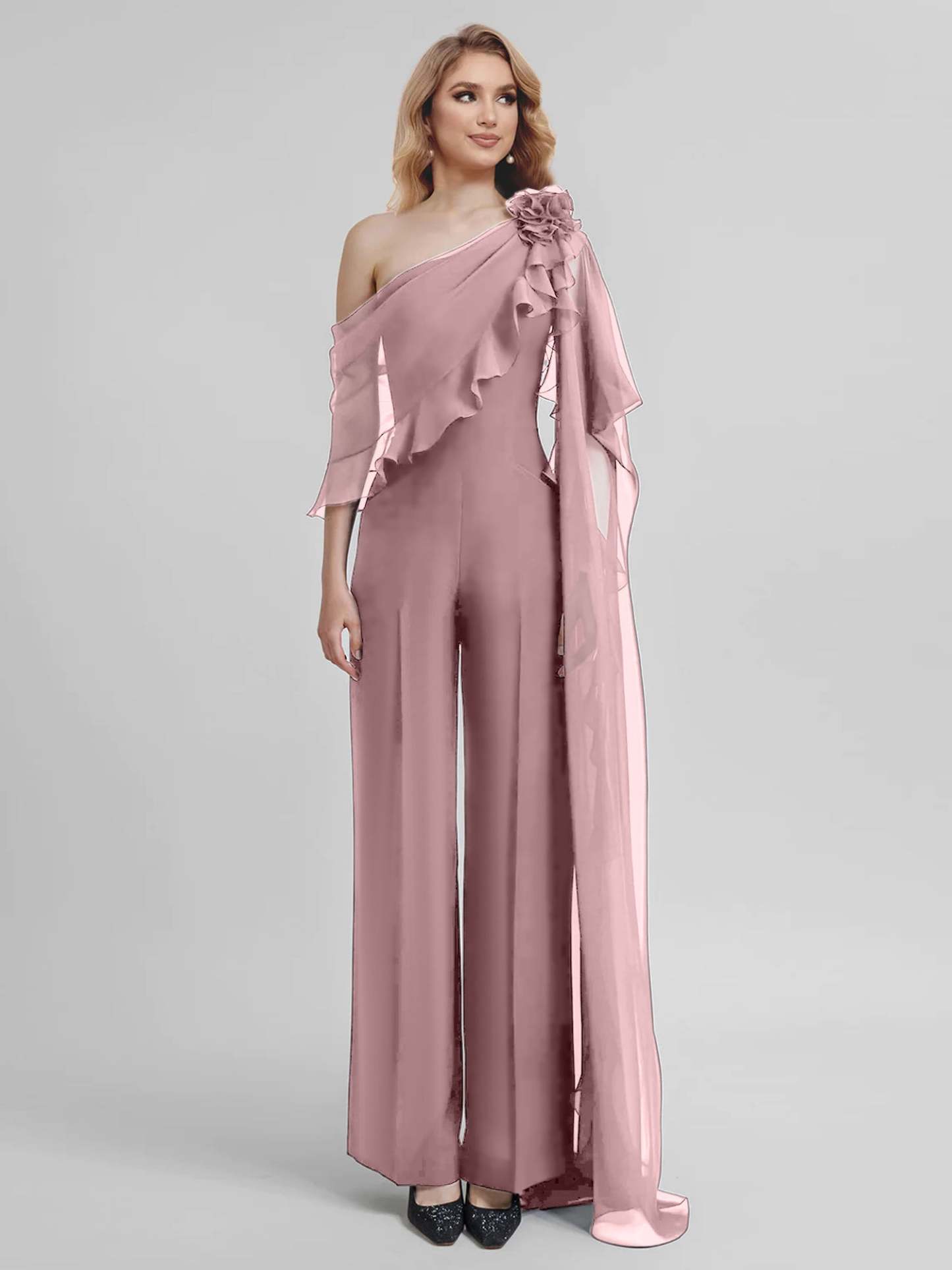 Chiffon One-Shoulder Jumpsuits with Half Sleeves for the Mother of the Bride-BMbridal