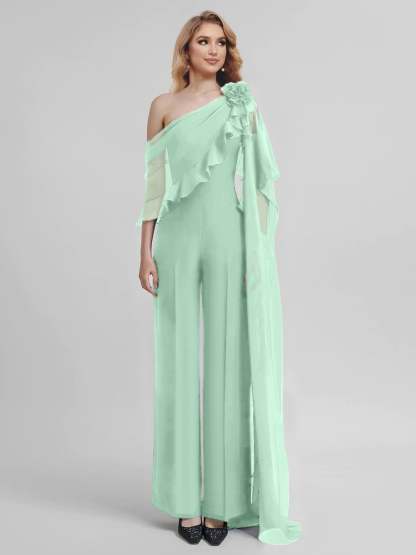 Chiffon One-Shoulder Jumpsuits with Half Sleeves for the Mother of the Bride-BMbridal