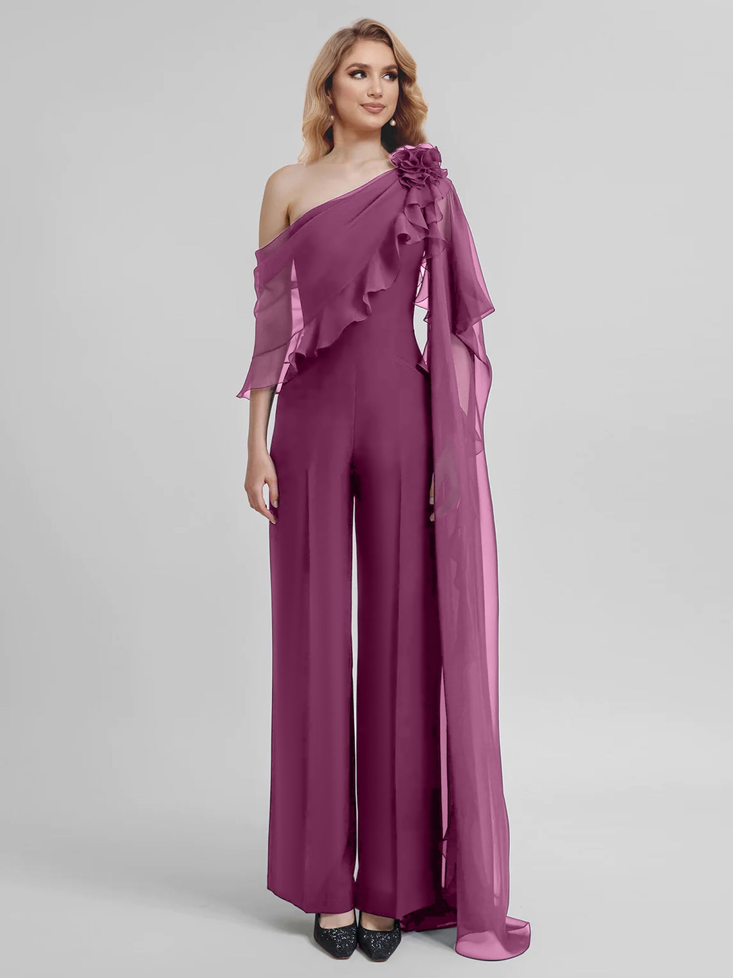 Chiffon One-Shoulder Jumpsuits with Half Sleeves for the Mother of the Bride-BMbridal