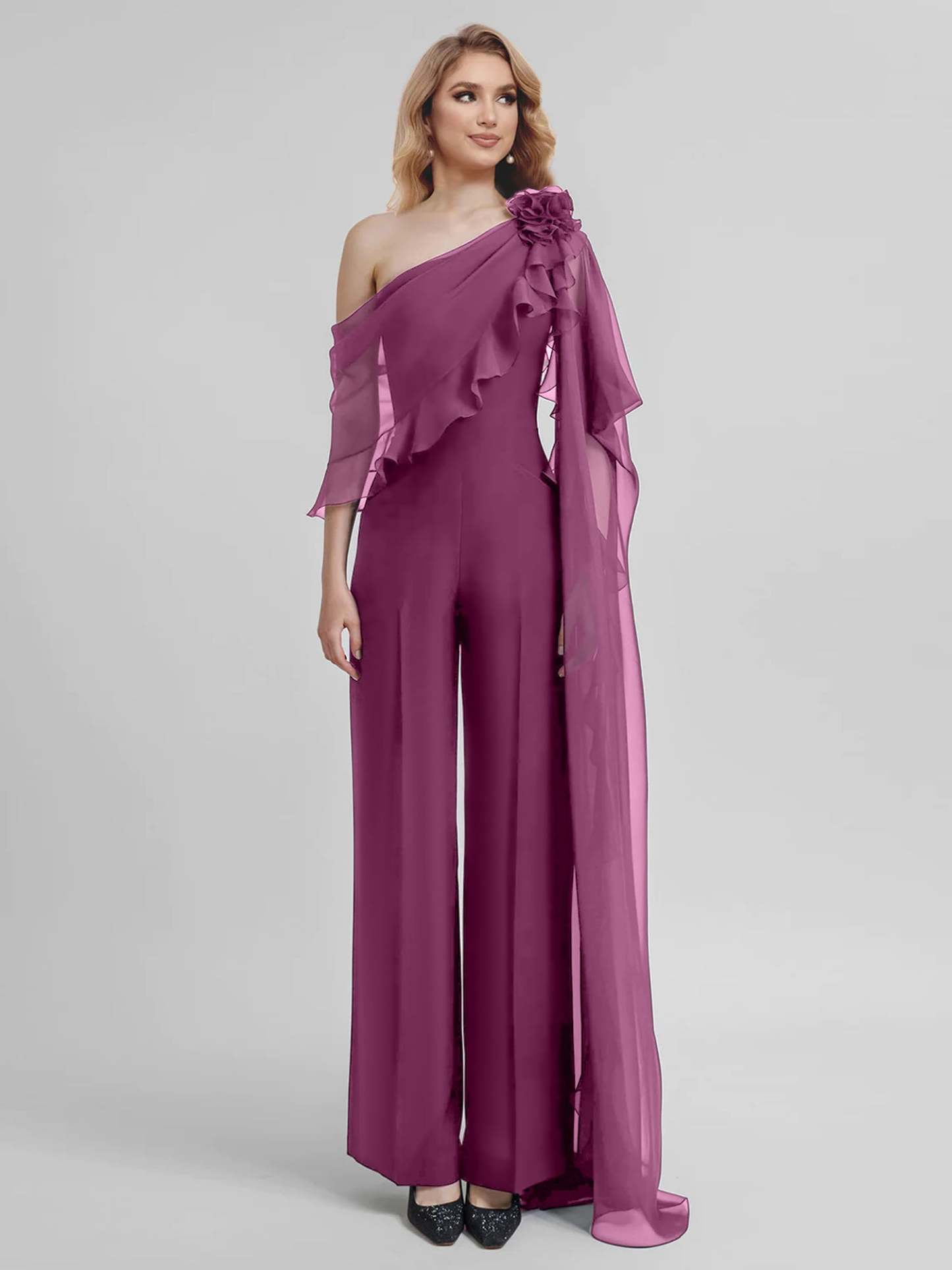 Chiffon One-Shoulder Jumpsuits with Half Sleeves for the Mother of the Bride-BMbridal