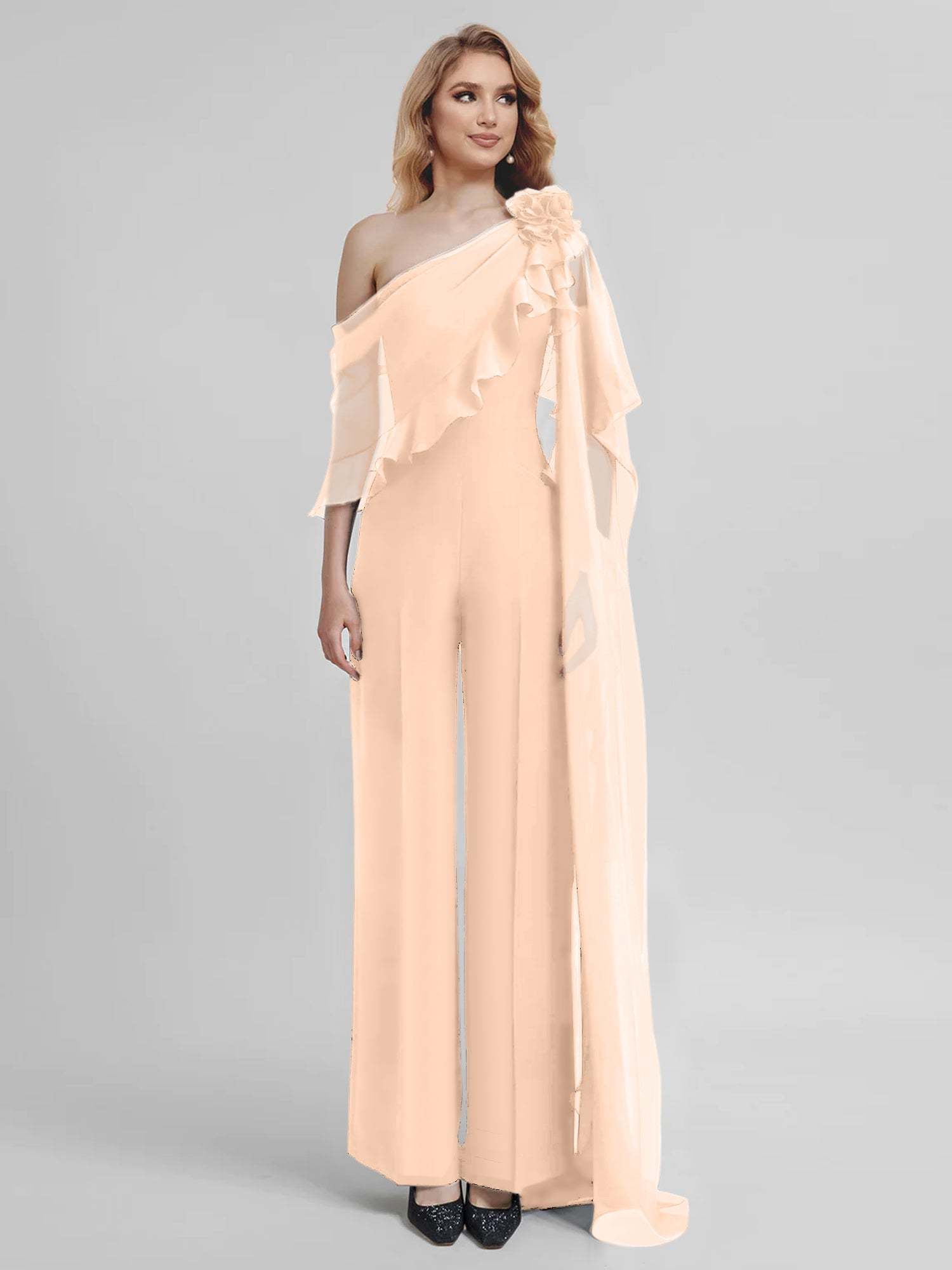 Chiffon One-Shoulder Jumpsuits with Half Sleeves for the Mother of the Bride-BMbridal