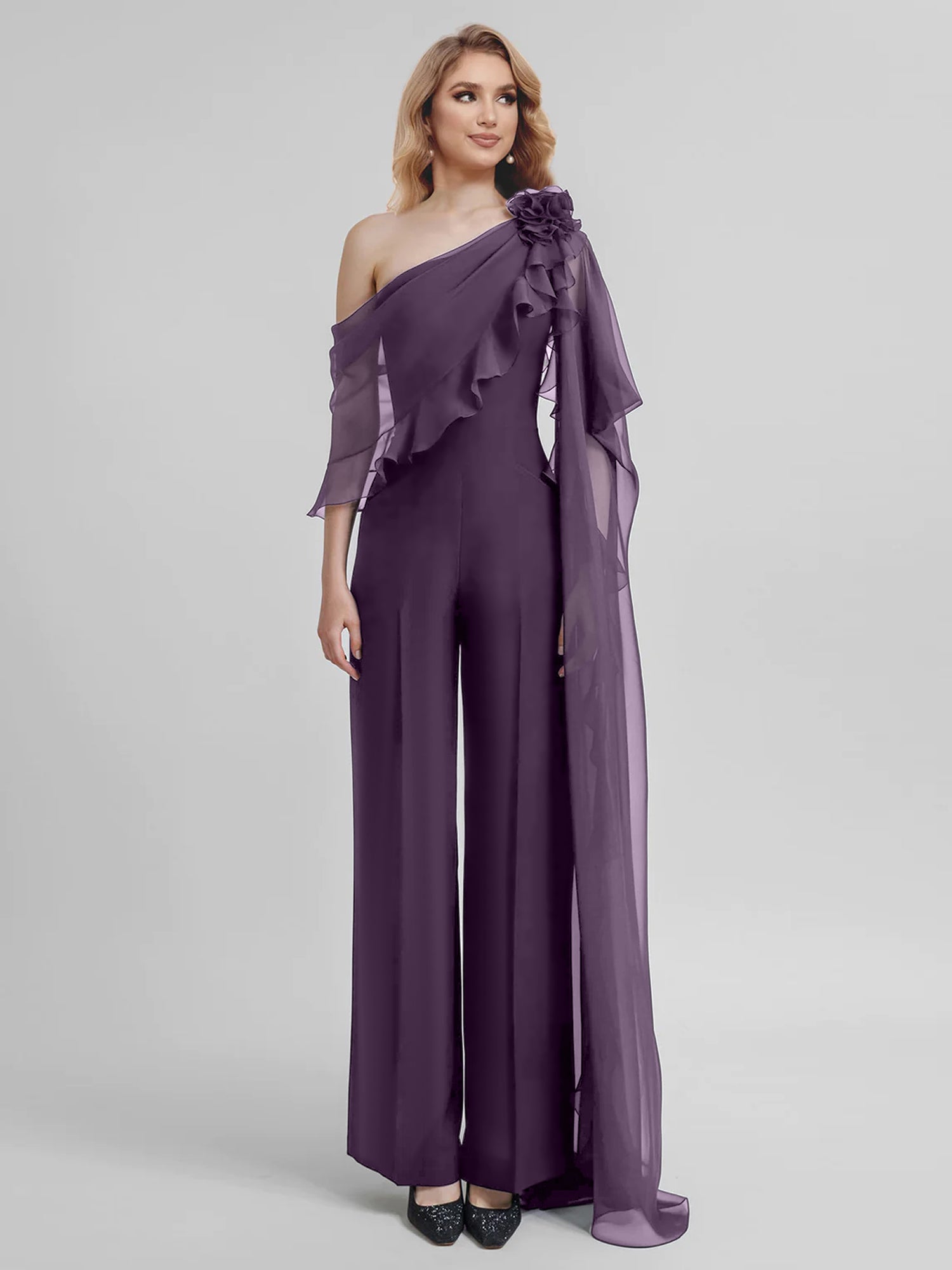 Chiffon One-Shoulder Jumpsuits with Half Sleeves for the Mother of the Bride-BMbridal