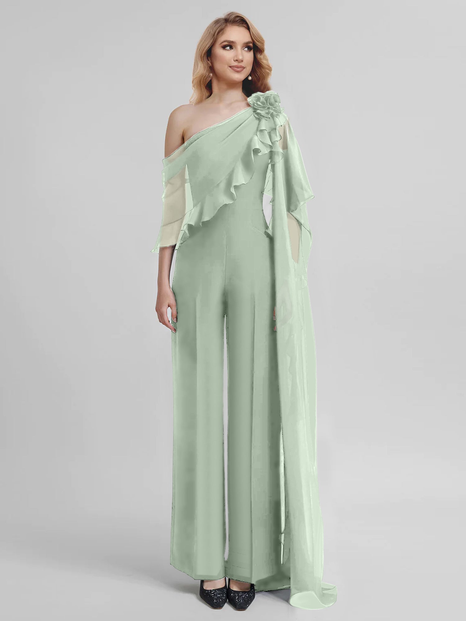Chiffon One-Shoulder Jumpsuits with Half Sleeves for the Mother of the Bride-BMbridal