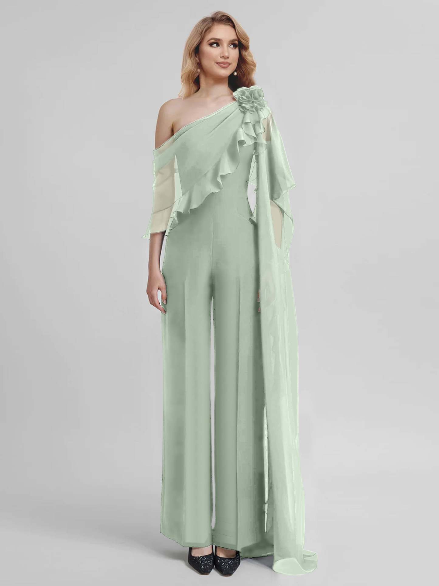 Chiffon One-Shoulder Jumpsuits with Half Sleeves for the Mother of the Bride-BMbridal
