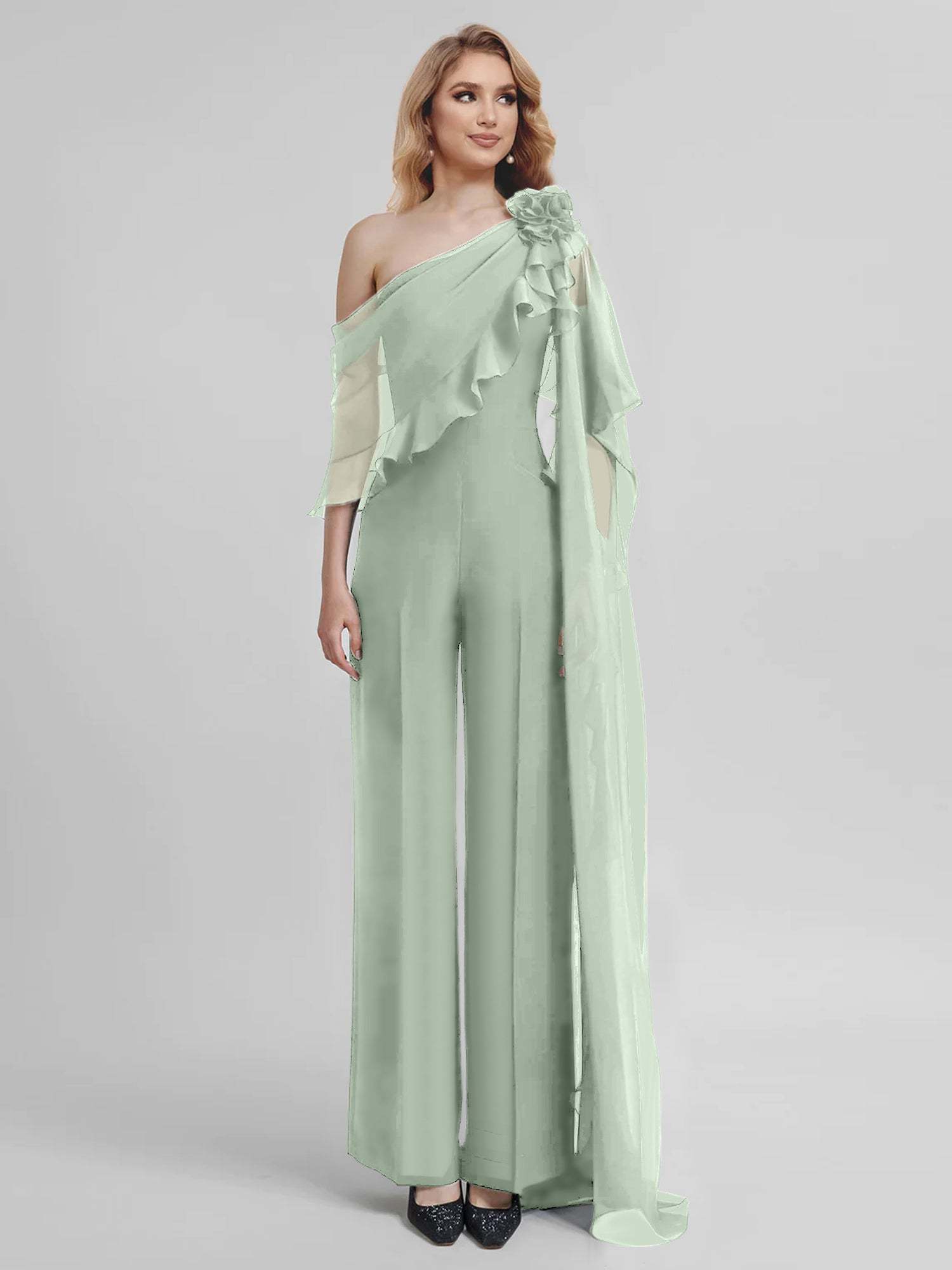 Chiffon One-Shoulder Jumpsuits with Half Sleeves for the Mother of the Bride-BMbridal