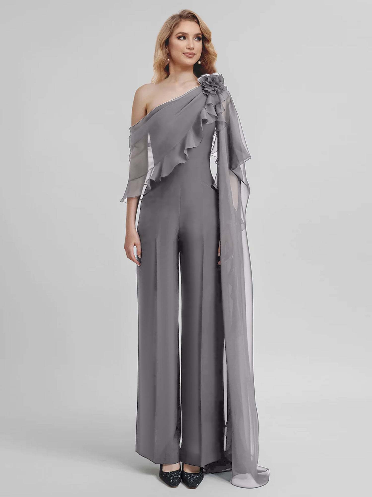 Chiffon One-Shoulder Jumpsuits with Half Sleeves for the Mother of the Bride-BMbridal