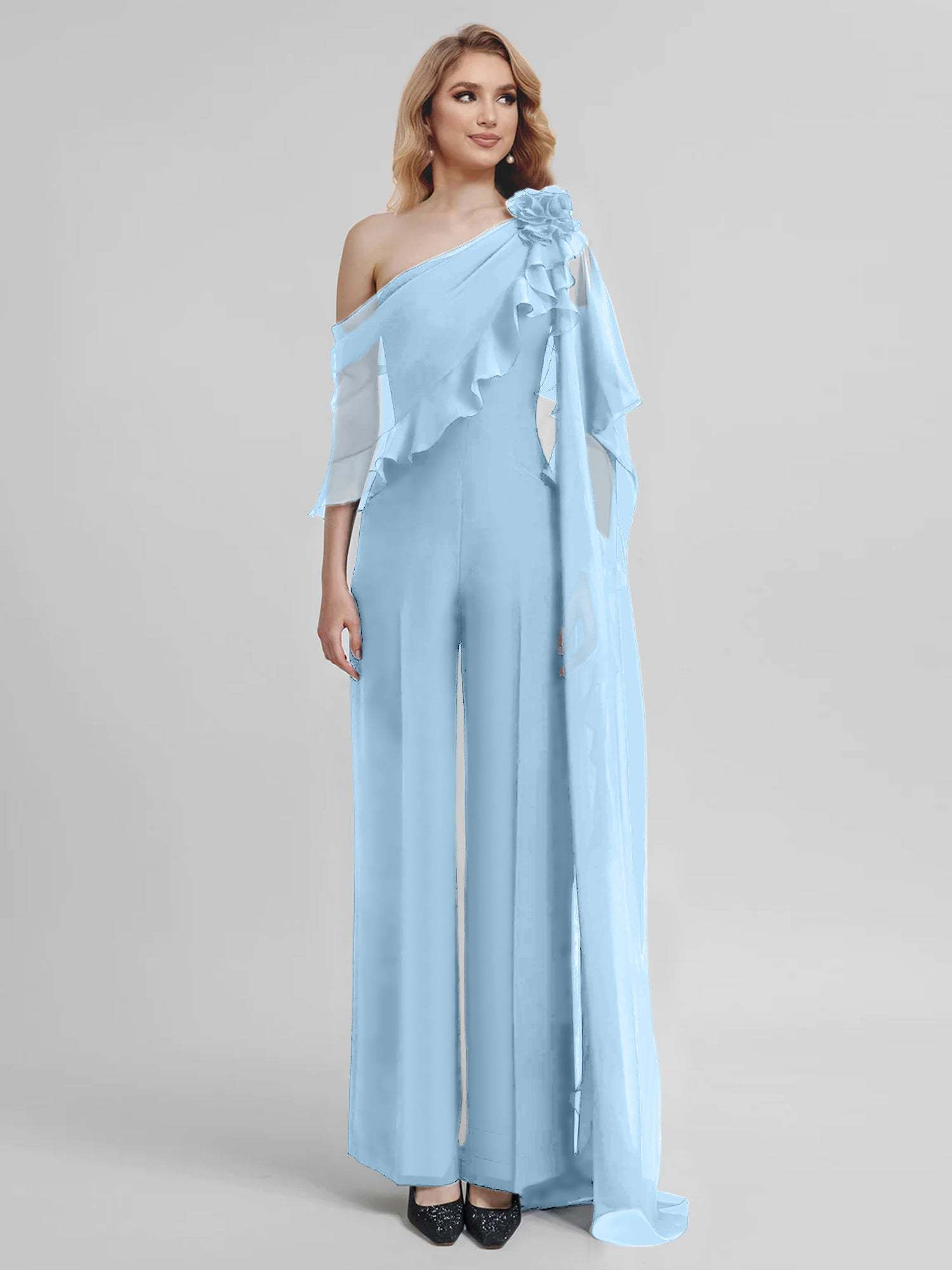 Chiffon One-Shoulder Jumpsuits with Half Sleeves for the Mother of the Bride-BMbridal