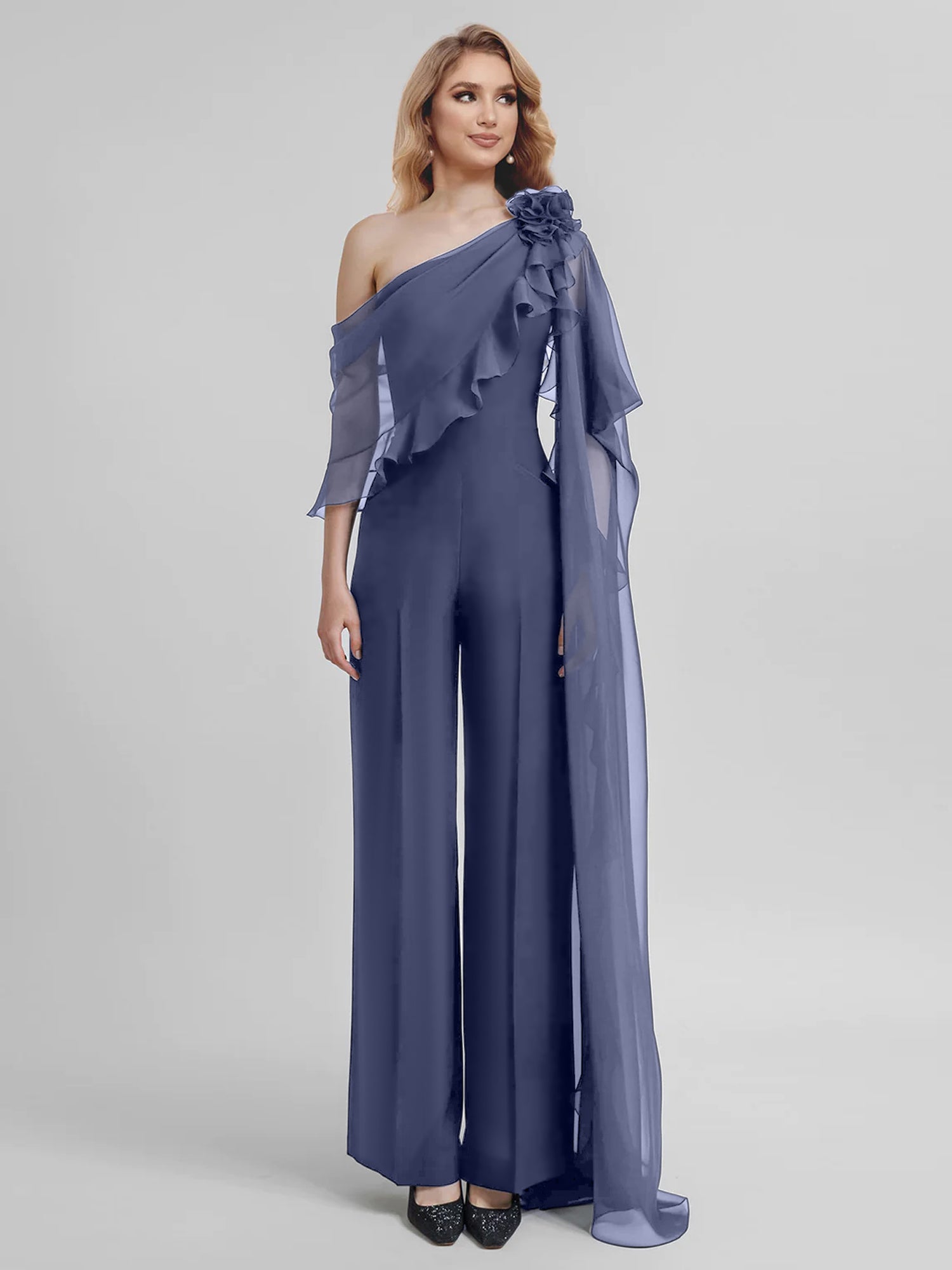 Chiffon One-Shoulder Jumpsuits with Half Sleeves for the Mother of the Bride-BMbridal