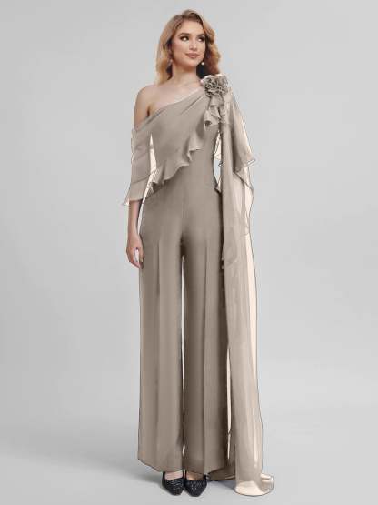 Chiffon One-Shoulder Jumpsuits with Half Sleeves for the Mother of the Bride-BMbridal