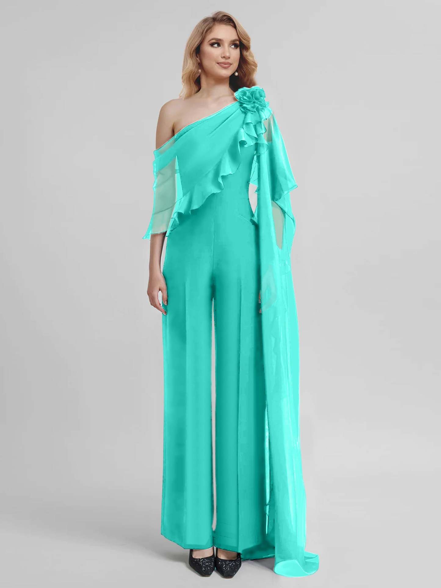 Chiffon One-Shoulder Jumpsuits with Half Sleeves for the Mother of the Bride-BMbridal