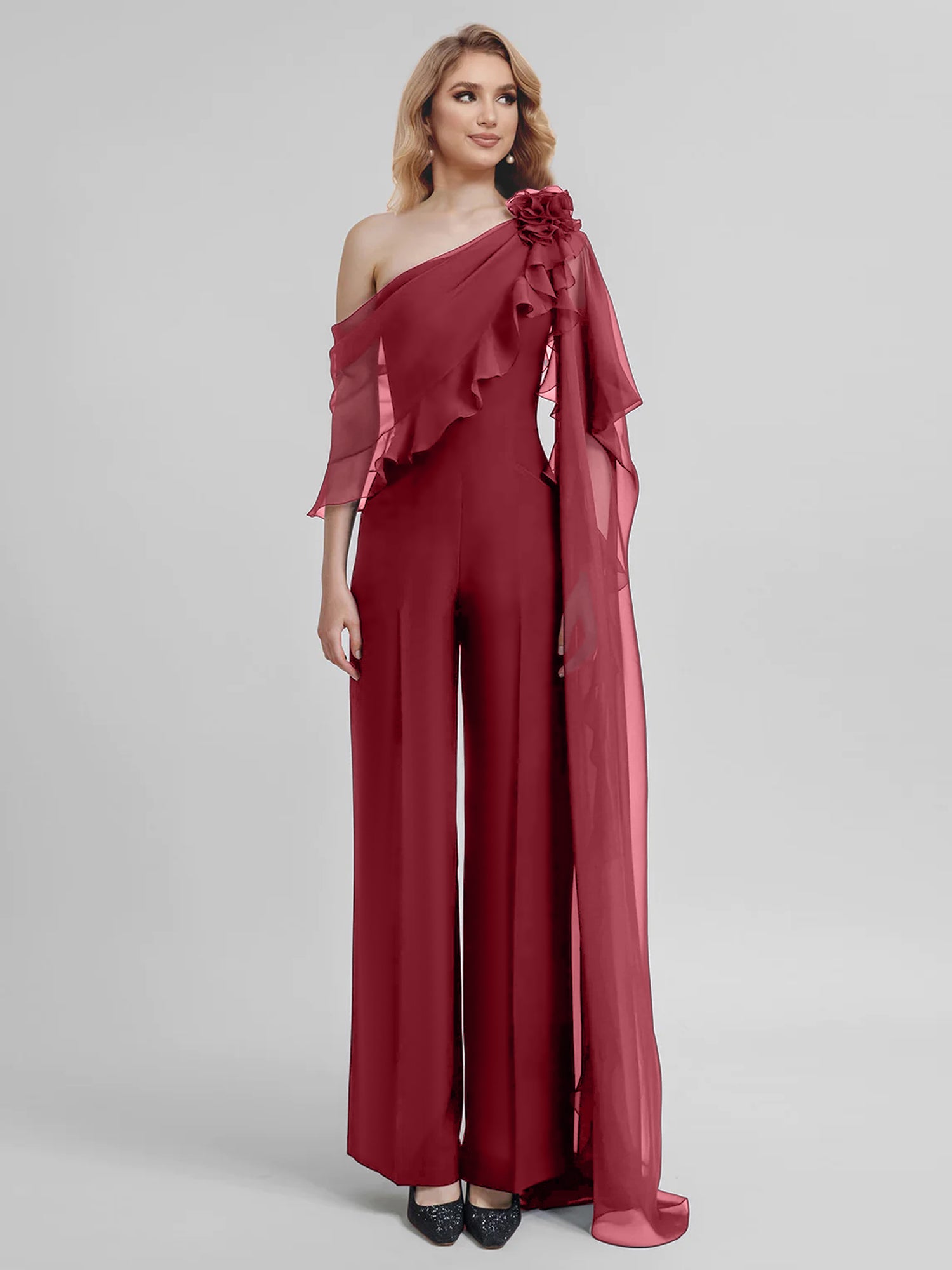 Chiffon One-Shoulder Jumpsuits with Half Sleeves for the Mother of the Bride-BMbridal