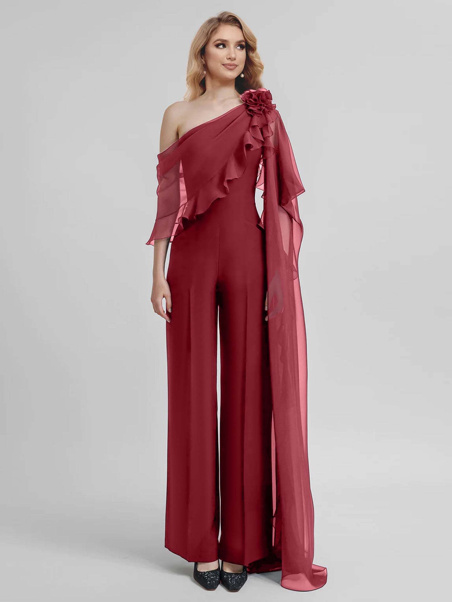 Chiffon One-Shoulder Jumpsuits with Half Sleeves for the Mother of the Bride-BMbridal