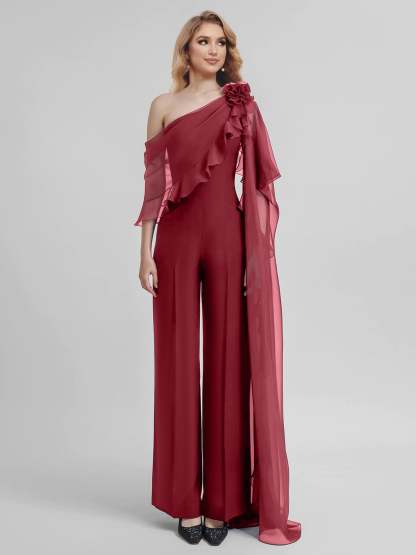 Chiffon One-Shoulder Jumpsuits with Half Sleeves for the Mother of the Bride-BMbridal