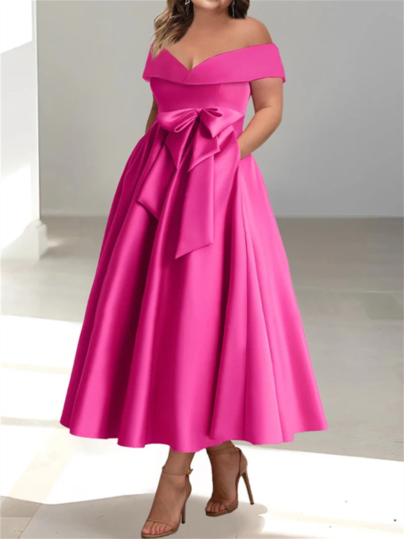 Plus Size Off-the-Shoulder Sleeveless A-Line/Princess Mother of the Bride Ankle-Length Dress with Pockets-BMbridal