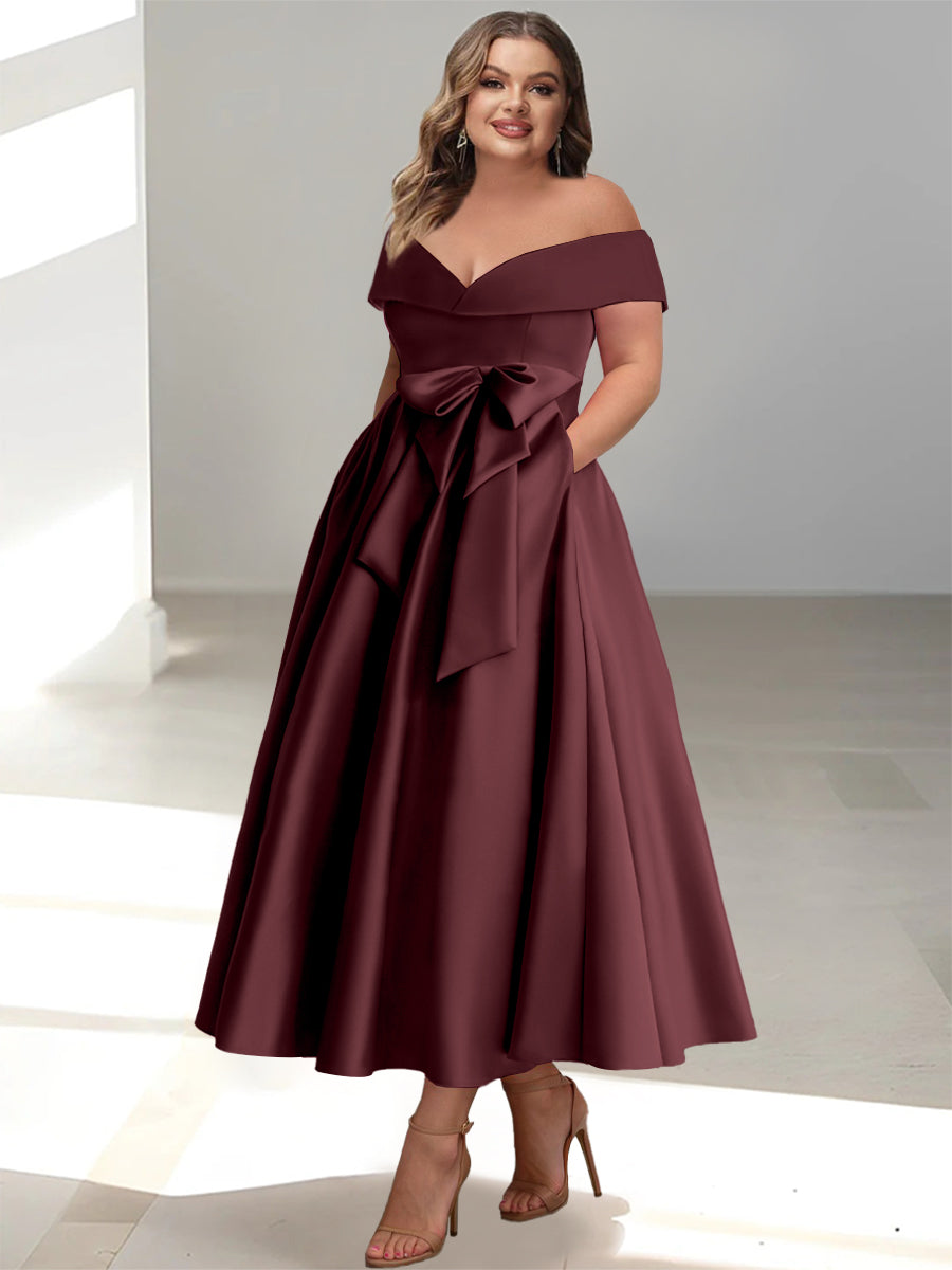 Plus Size Off-the-Shoulder Sleeveless A-Line/Princess Mother of the Bride Ankle-Length Dress with Pockets-BMbridal