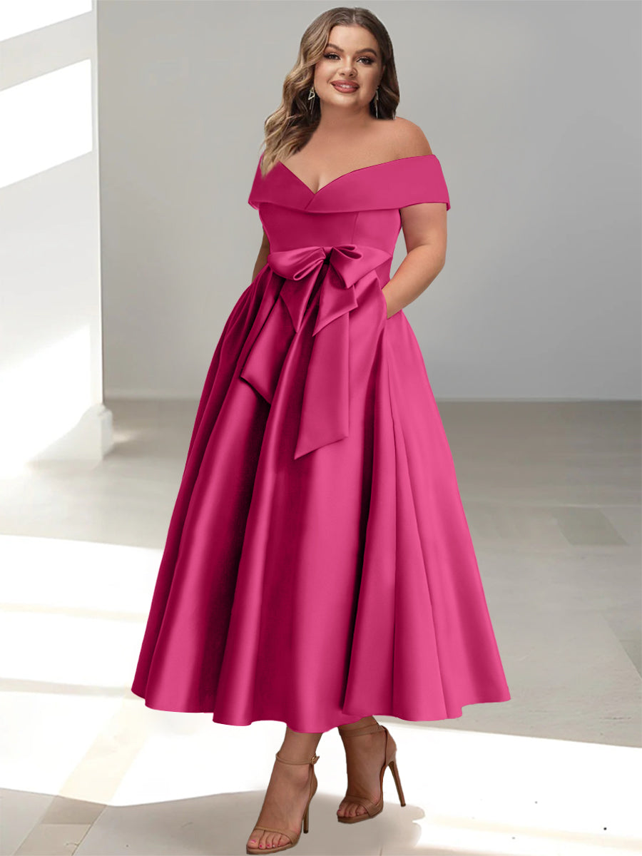 Plus Size Off-the-Shoulder Sleeveless A-Line/Princess Mother of the Bride Ankle-Length Dress with Pockets-BMbridal
