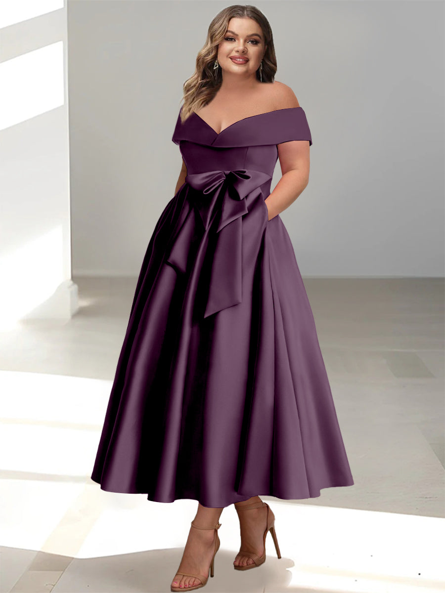Plus Size Off-the-Shoulder Sleeveless A-Line/Princess Mother of the Bride Ankle-Length Dress with Pockets-BMbridal
