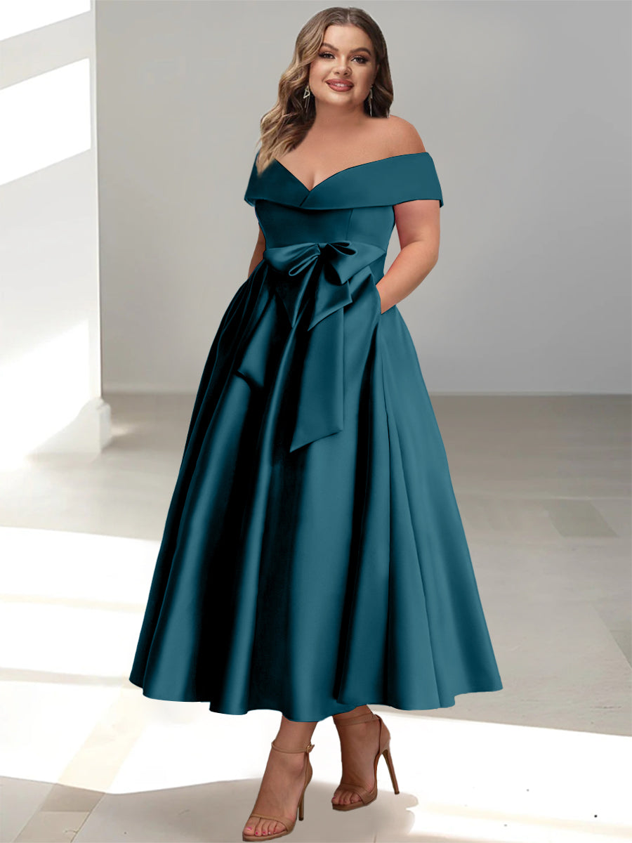 Plus Size Off-the-Shoulder Sleeveless A-Line/Princess Mother of the Bride Ankle-Length Dress with Pockets-BMbridal