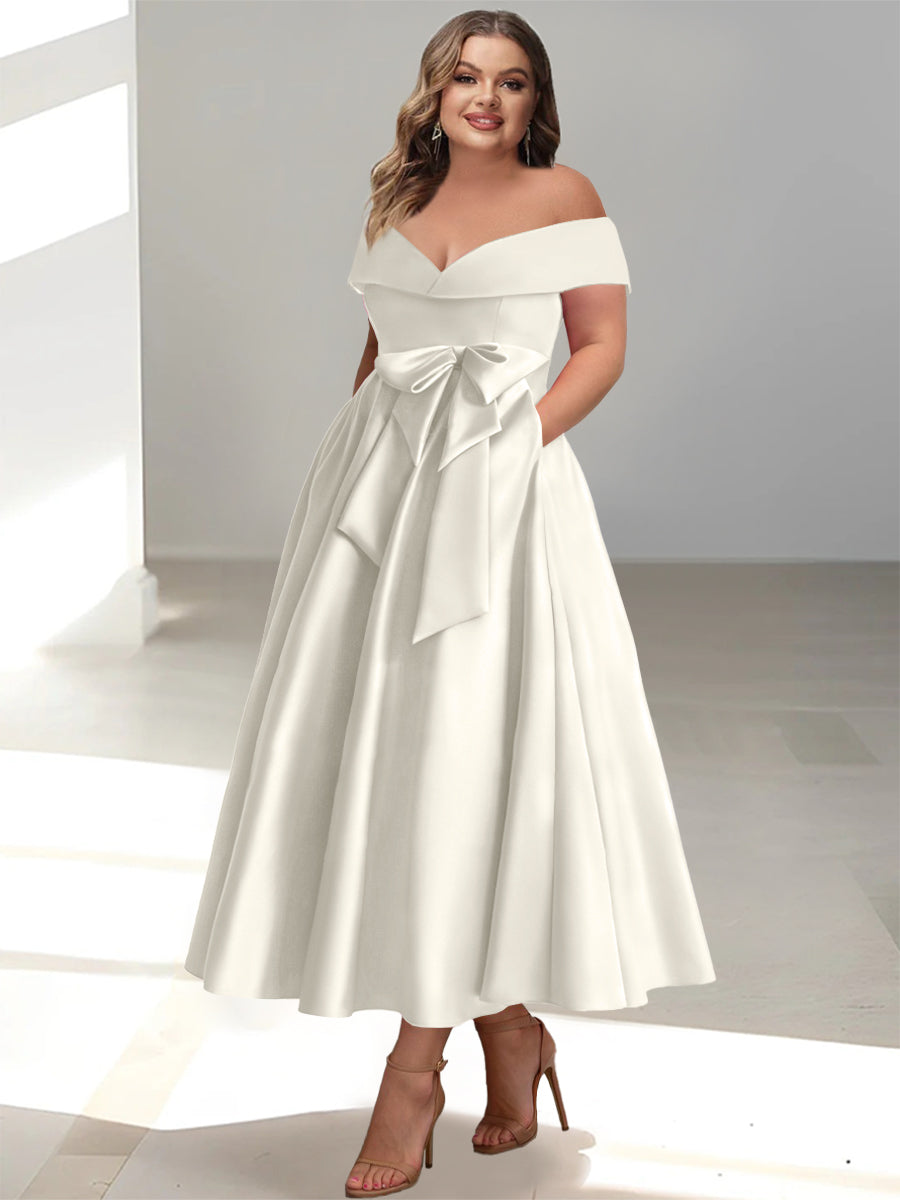 Plus Size Off-the-Shoulder Sleeveless A-Line/Princess Mother of the Bride Ankle-Length Dress with Pockets-BMbridal