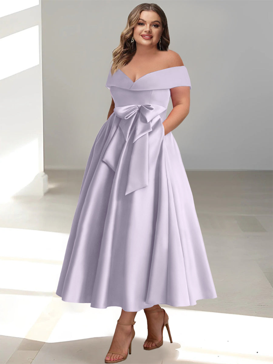 Plus Size Off-the-Shoulder Sleeveless A-Line/Princess Mother of the Bride Ankle-Length Dress with Pockets-BMbridal