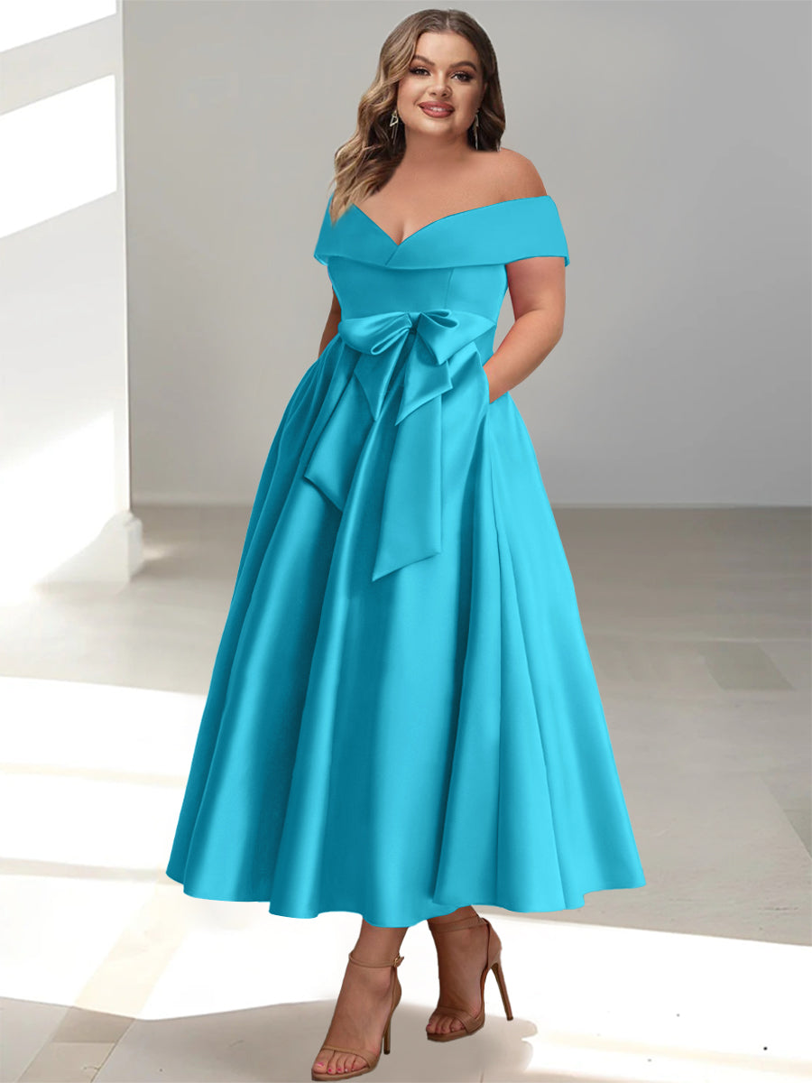 Plus Size Off-the-Shoulder Sleeveless A-Line/Princess Mother of the Bride Ankle-Length Dress with Pockets-BMbridal