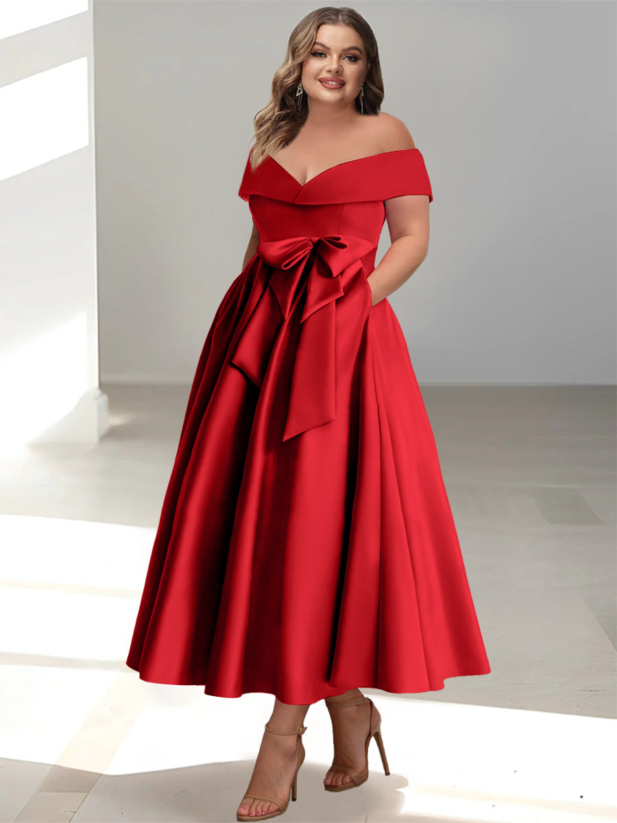 Plus Size Off-the-Shoulder Sleeveless A-Line/Princess Mother of the Bride Ankle-Length Dress with Pockets-BMbridal