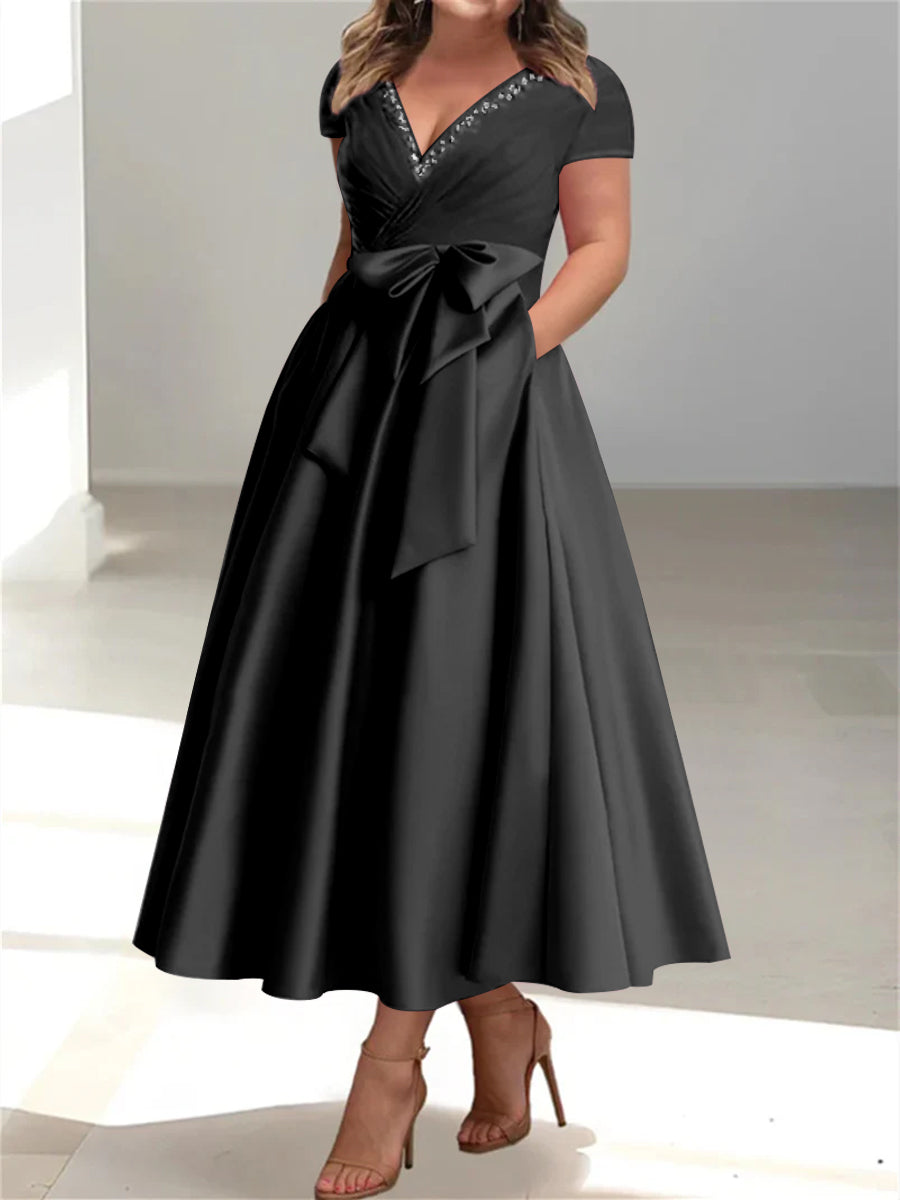 Plus Size Mother of the Bride A-Line Princess V-Neck Dress with Pockets and Ruffles-BMbridal