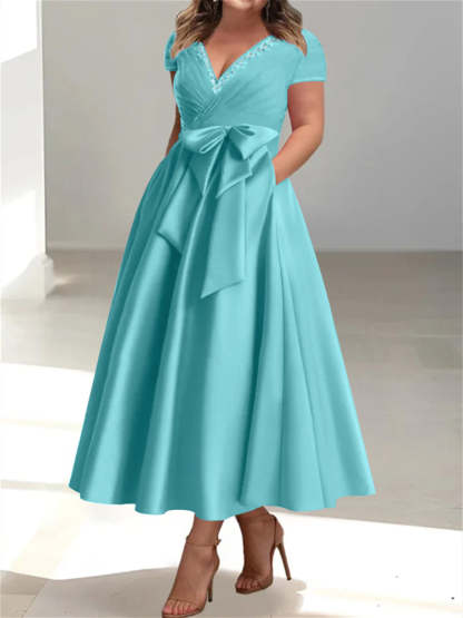 Plus Size Mother of the Bride A-Line Princess V-Neck Dress with Pockets and Ruffles-BMbridal