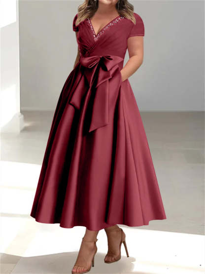 Plus Size Mother of the Bride A-Line Princess V-Neck Dress with Pockets and Ruffles-BMbridal