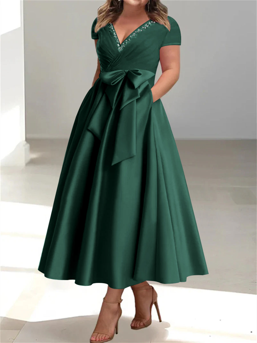 Plus Size Mother of the Bride A-Line Princess V-Neck Dress with Pockets and Ruffles-BMbridal