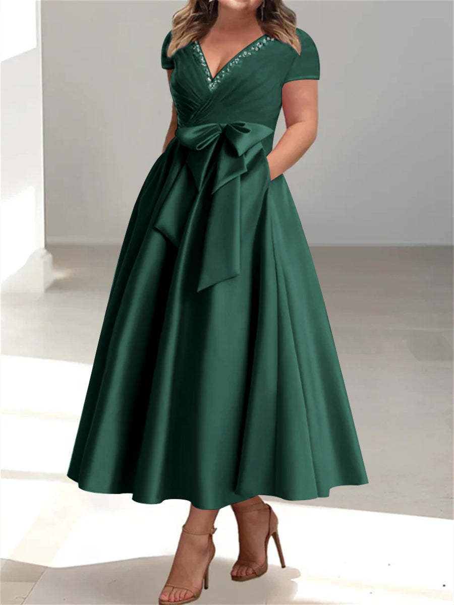 Plus Size Mother of the Bride A-Line Princess V-Neck Dress with Pockets and Ruffles-BMbridal