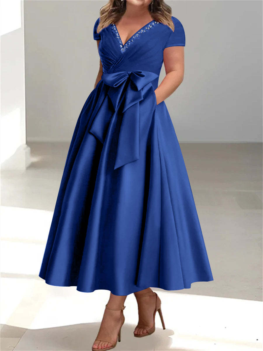 Plus Size Mother of the Bride A-Line Princess V-Neck Dress with Pockets and Ruffles-BMbridal