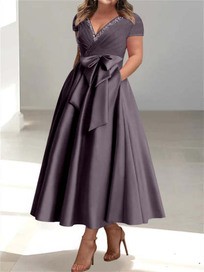 Plus Size Mother of the Bride A-Line Princess V-Neck Dress with Pockets and Ruffles-BMbridal
