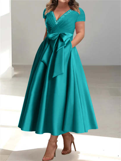 Plus Size Mother of the Bride A-Line Princess V-Neck Dress with Pockets and Ruffles-BMbridal