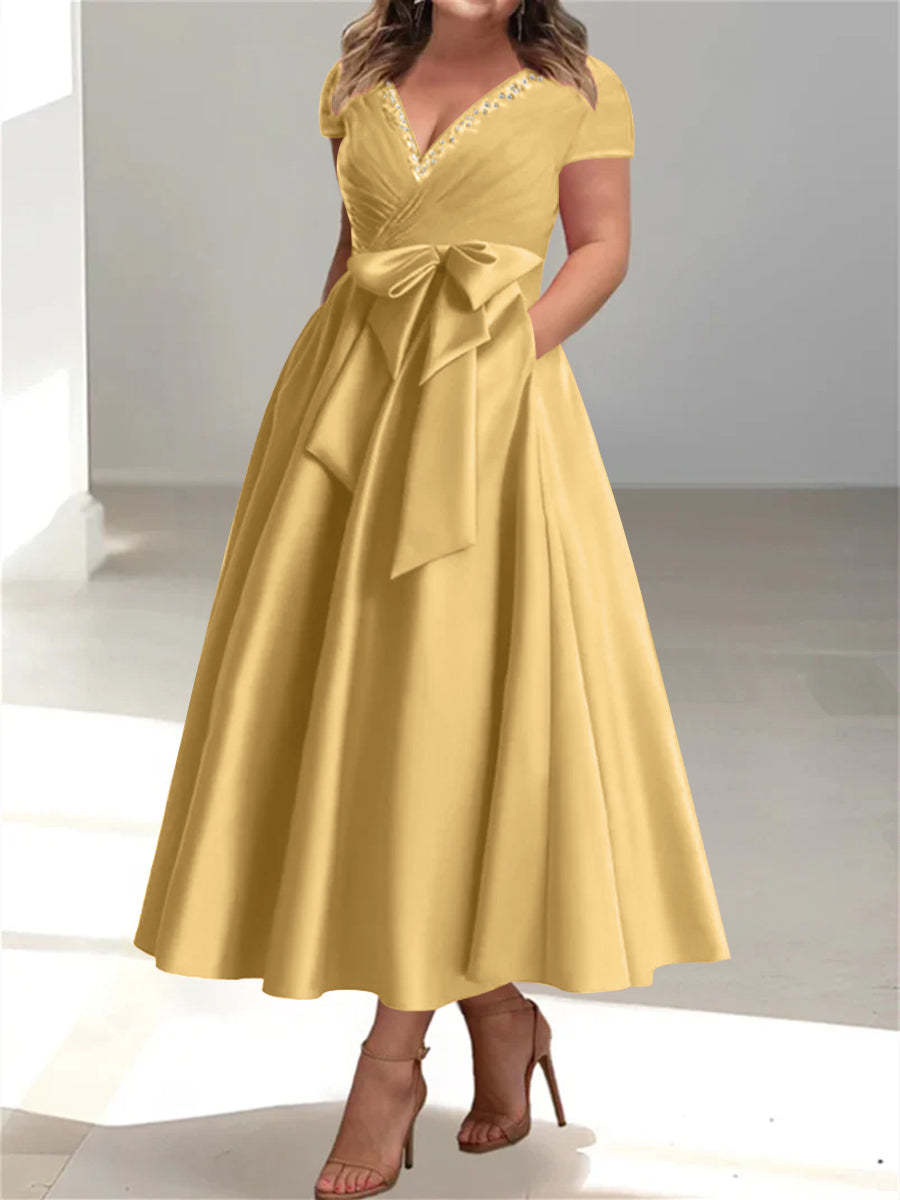 Plus Size Mother of the Bride A-Line Princess V-Neck Dress with Pockets and Ruffles-BMbridal