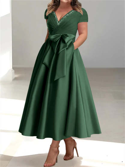 Plus Size Mother of the Bride A-Line Princess V-Neck Dress with Pockets and Ruffles-BMbridal
